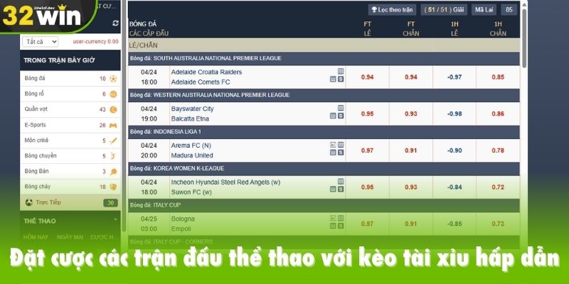 Đặt cược các trận đấu thể thao với kèo tài xỉu hấp dẫn